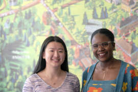 Alice Fan ’23 (left) and Dominique Williams ’24 are co-coordinators of the Phillips Academy Sustainability Coalition (PASC). Photo by Tory Wesnofske.